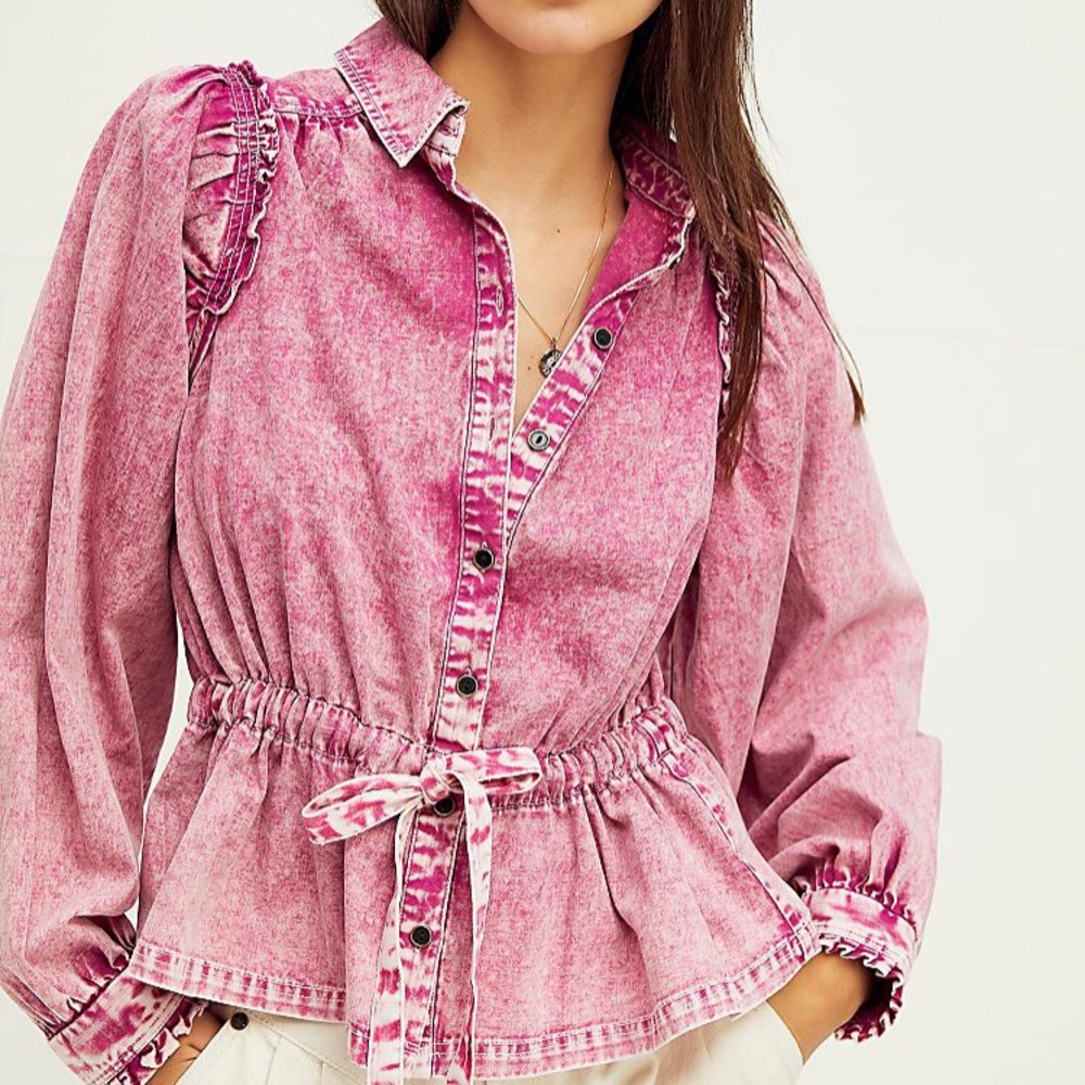 Free People Pink Denim Blouse Acid Wash